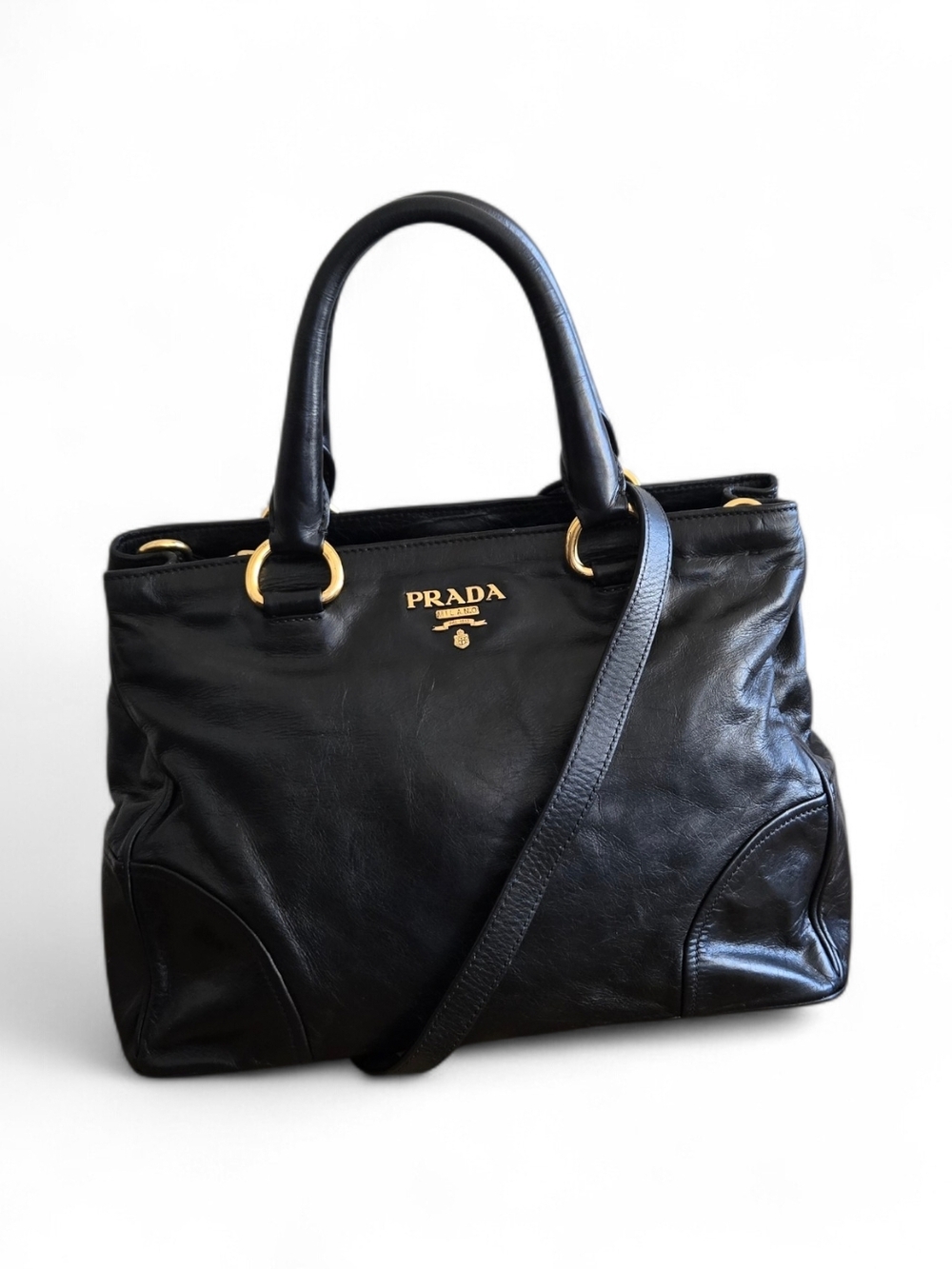 Prada Black Leather Tote with Gold Hardware